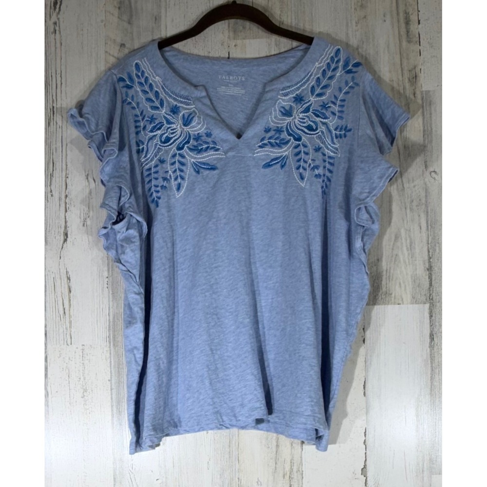Talbots Top 2XP Floral Embroidered Ruffle Sleeve Split V-Neck Cotton Slub READ